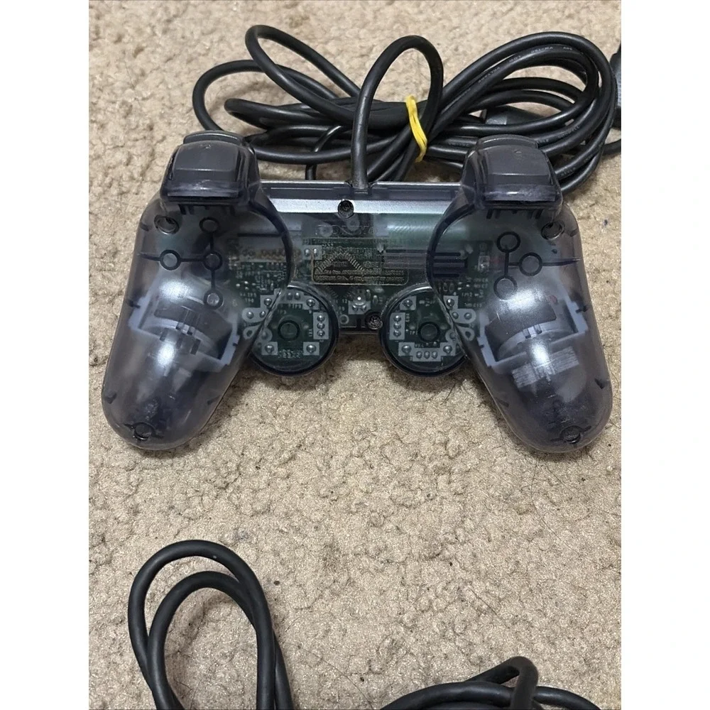 Lot Of 3 Sony Ps2 Controllers Clear Smoke Transparent Blue And Original Black